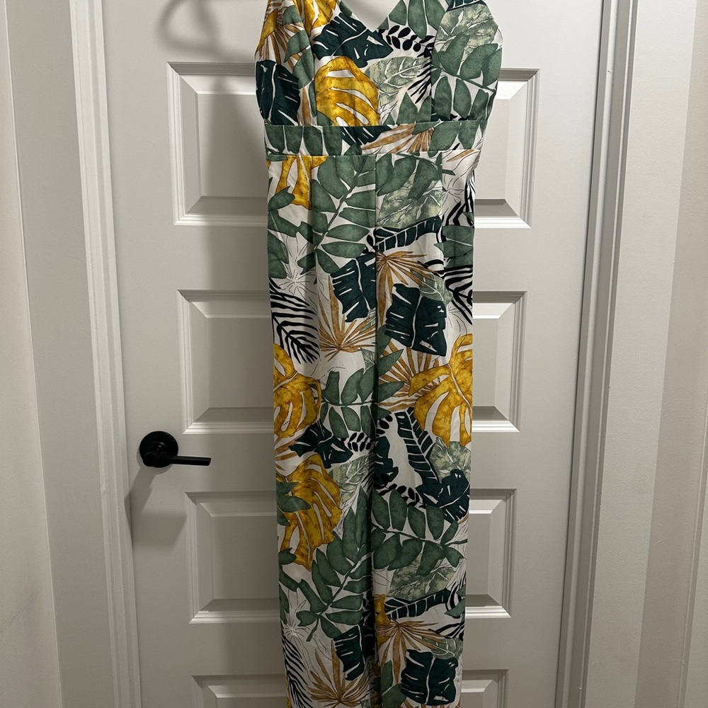 SHEIN Green & Yellow Tropical Leaf Wide-Leg Jumpsuit